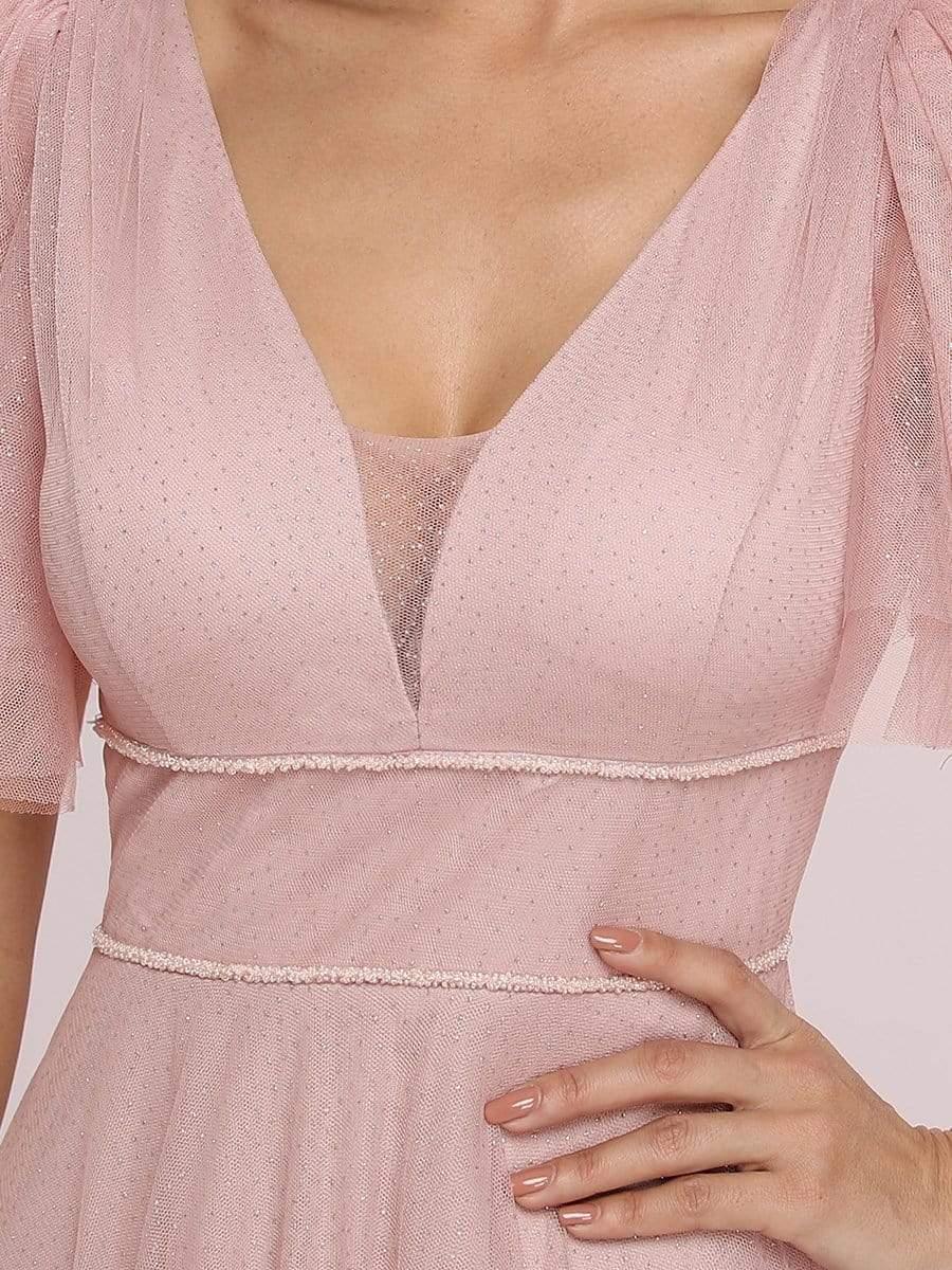 Cute Deep V Neck Maxi A-Line Tulle Evening Dress #color_Pink