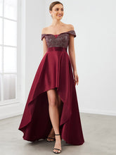 Off Shoulder Shimmer High Low Evening Dress #color_Burgundy