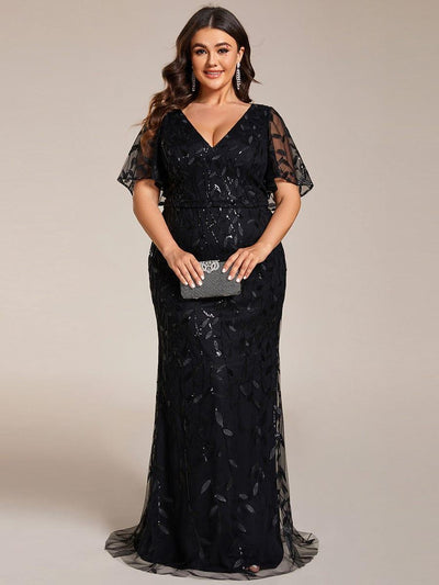 Fashion Plus Size V Neck Mermaid Sequin & Tulle Evening Dress #color_Black