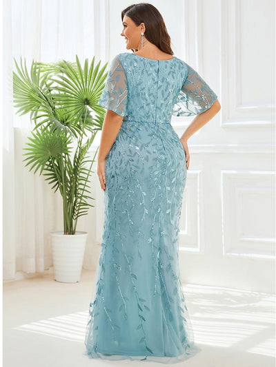 Fashion Plus Size V Neck Mermaid Sequin & Tulle Evening Dress #color_Light Teal