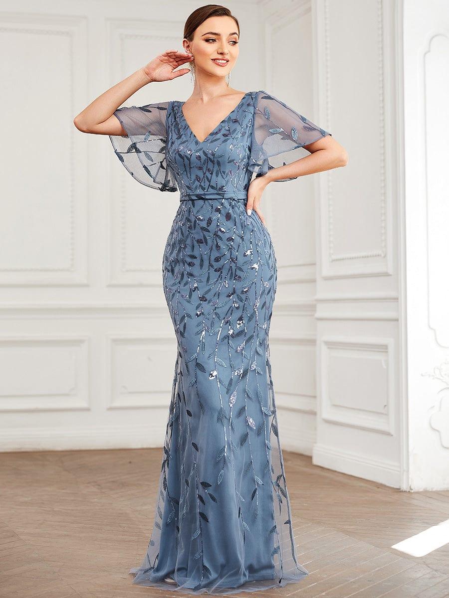 Gorgeous V Neck Leaf-Sequined Fishtail Party Dress #color_Dusty Blue