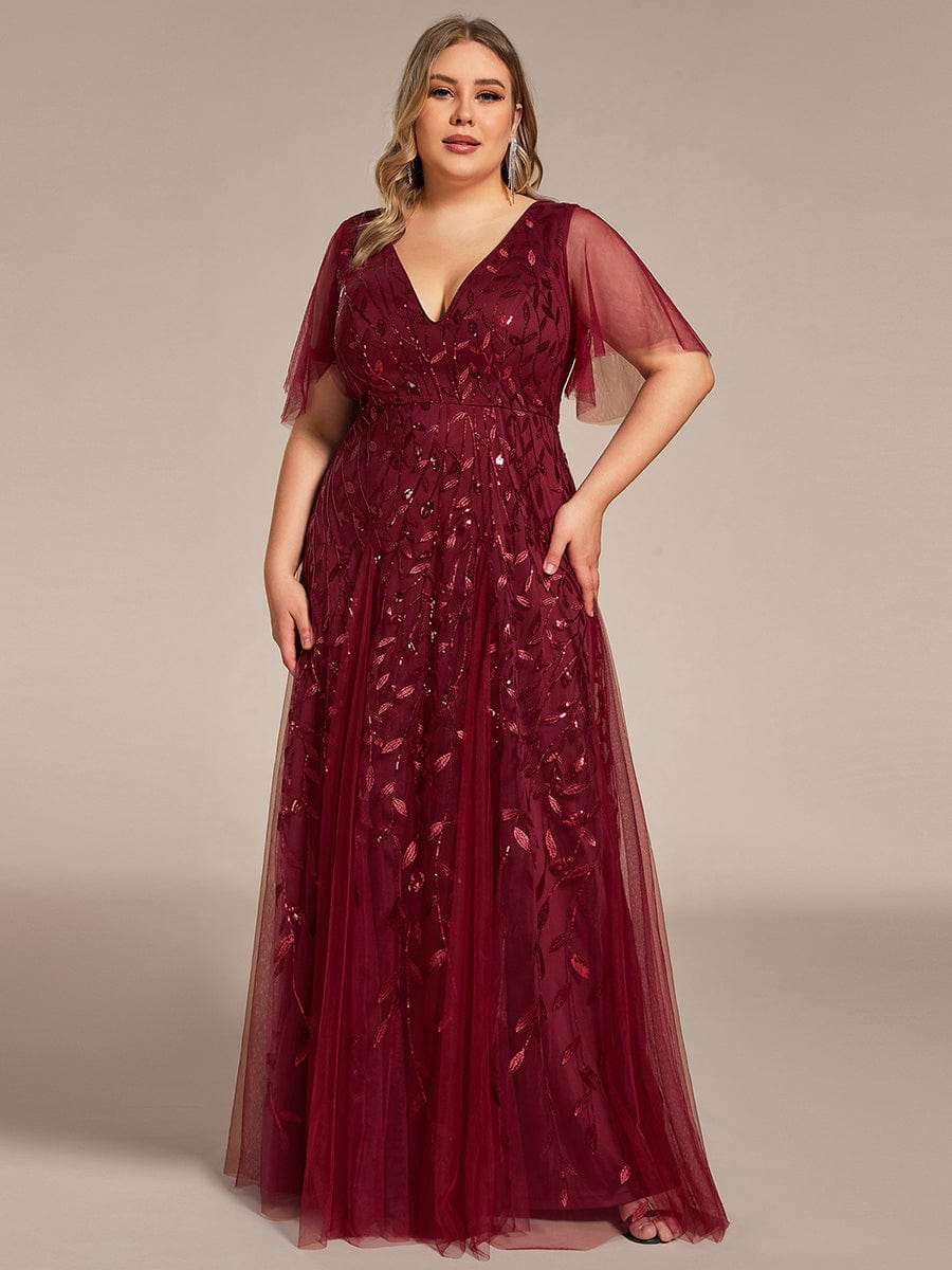 Romantic Shimmery V Neck Ruffle Sleeves Maxi Long Evening Gowns