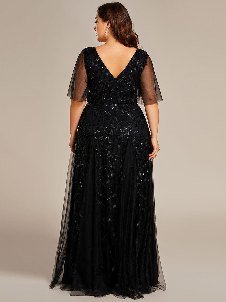 Plus Size romantic shimmery v neck ruffle sleeves evening gown #color_Black