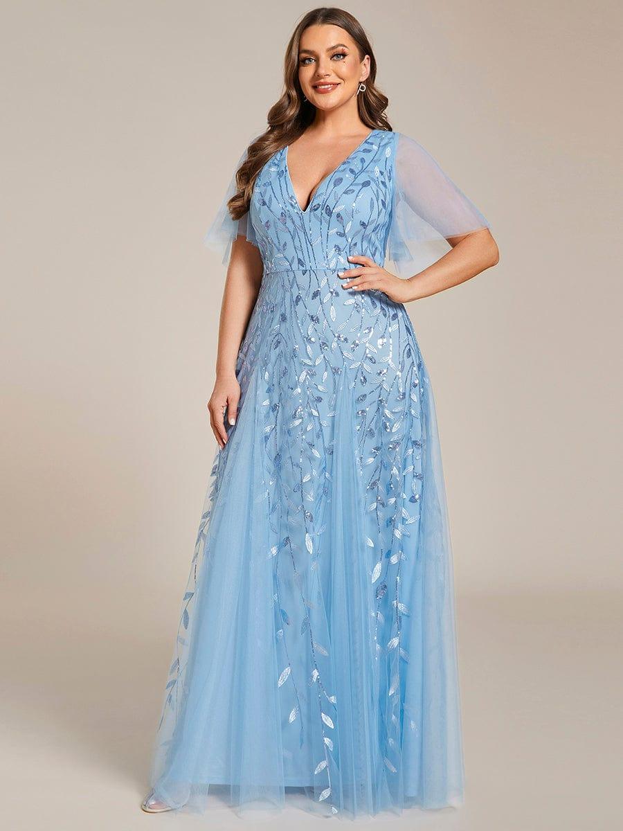 Plus Size romantic shimmery v neck ruffle sleeves evening gown #color_Sky Blue