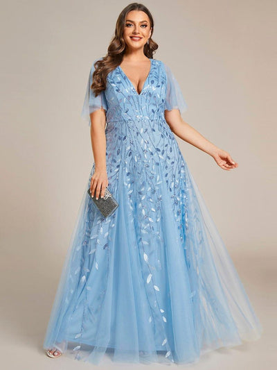 Plus Size romantic shimmery v neck ruffle sleeves evening gown #color_Sky Blue