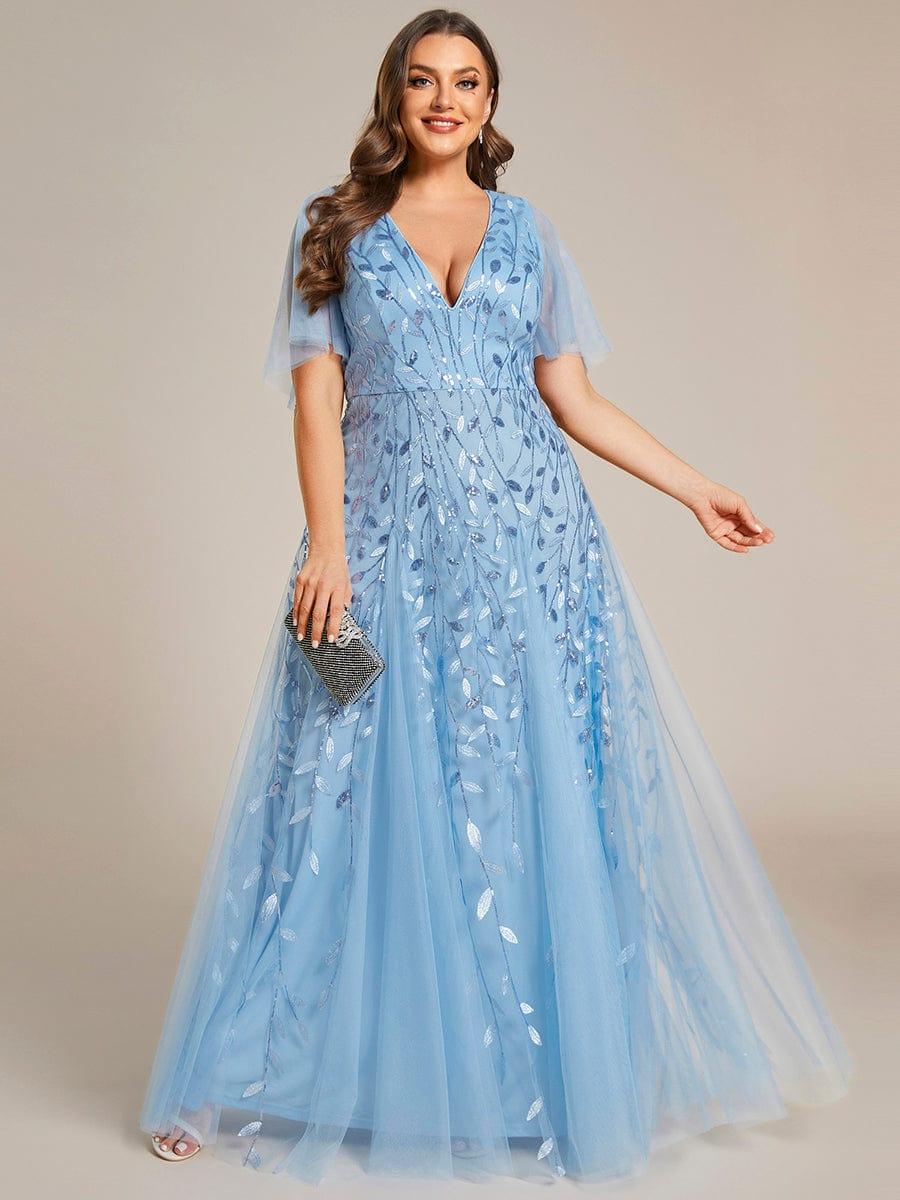Plus Size romantic shimmery v neck ruffle sleeves evening gown #color_Sky Blue