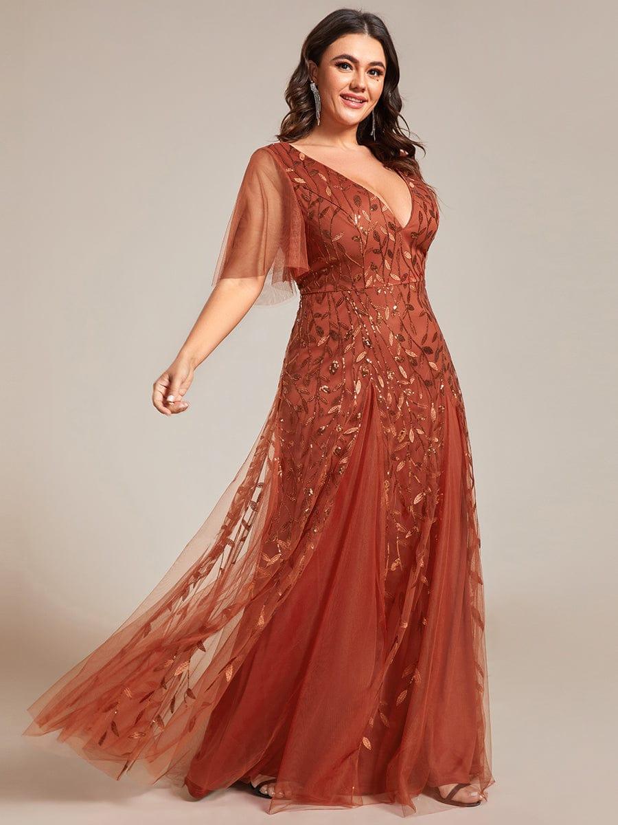 Plus Size romantic shimmery v neck ruffle sleeves evening gown #color_Burnt Orange