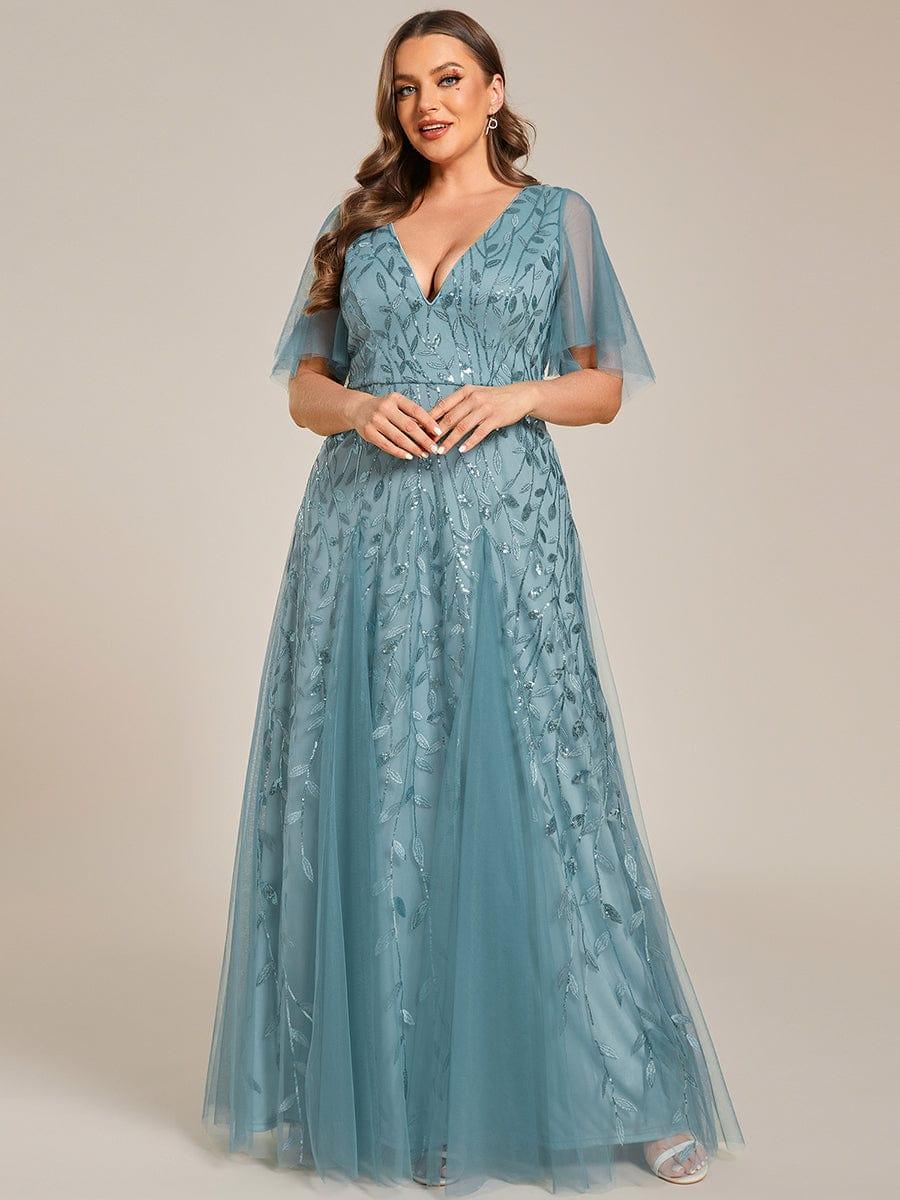 Plus Size romantic shimmery v neck ruffle sleeves evening gown #color_Light Teal