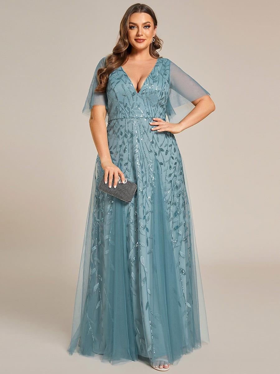 Plus Size romantic shimmery v neck ruffle sleeves evening gown #color_Light Teal