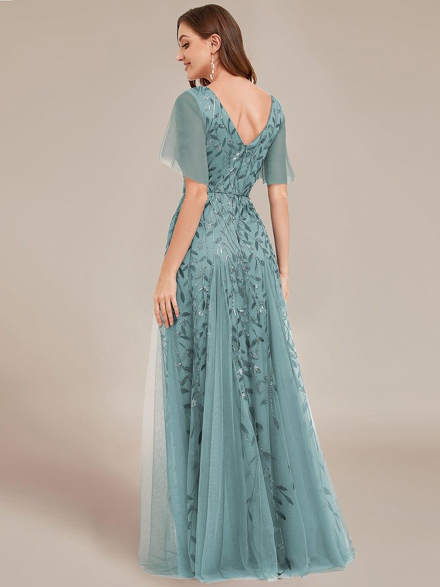 Stunning V Neck Long Wedding Guest Dress with Ruffle Sleeves #color_Light Teal