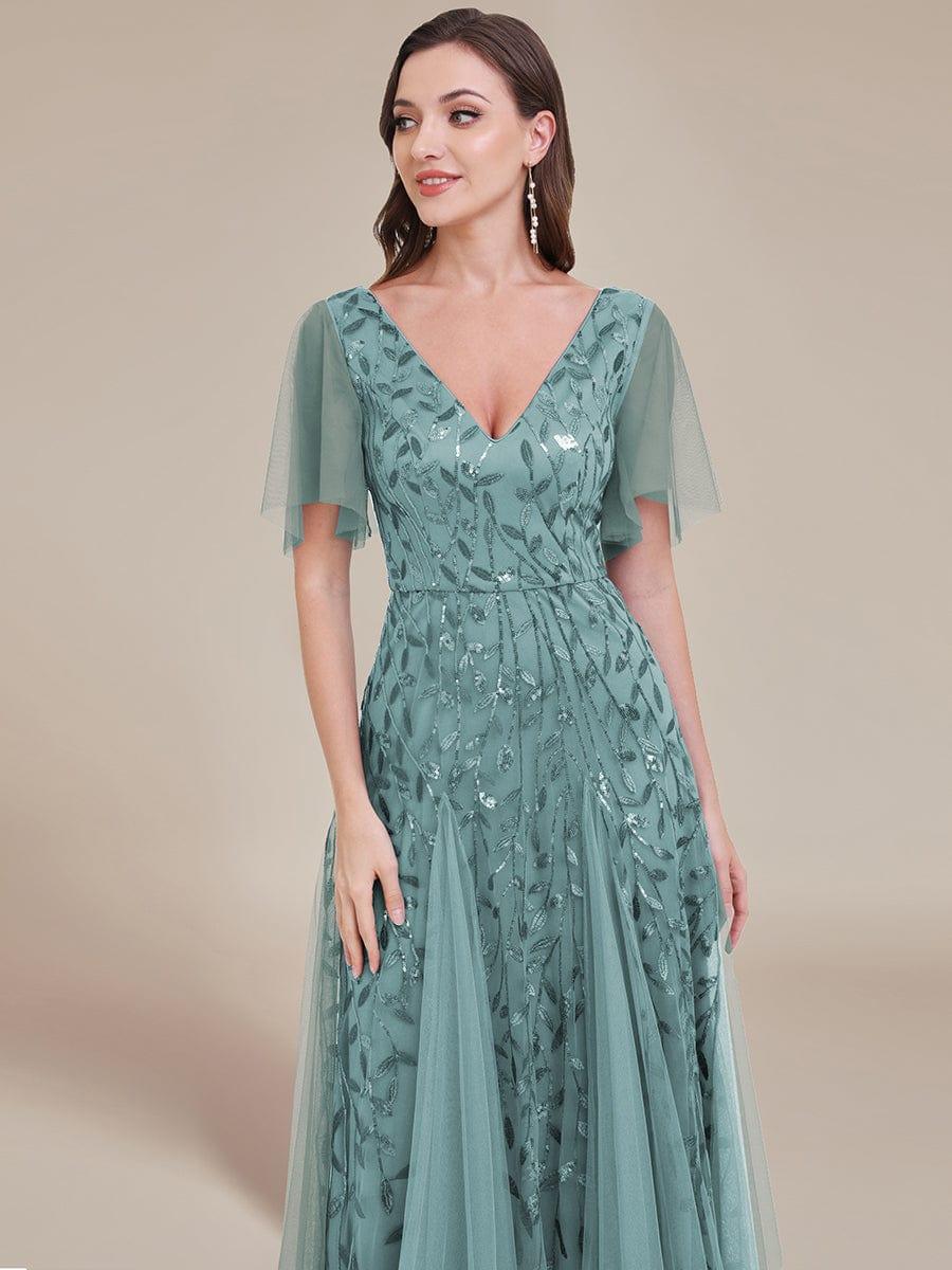Stunning V Neck Long Wedding Guest Dress with Ruffle Sleeves #color_Light Teal