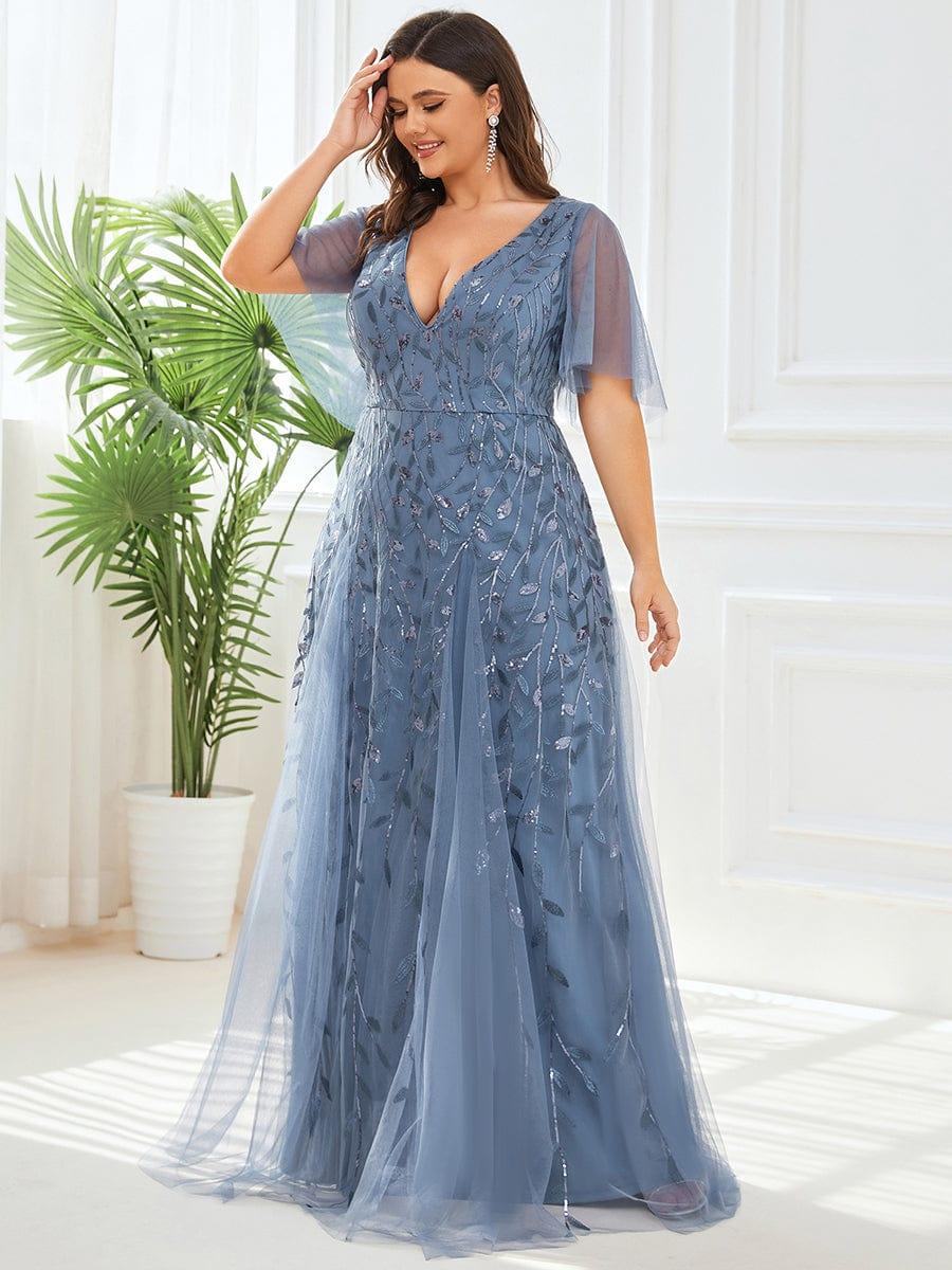 Plus Size romantic shimmery v neck ruffle sleeves evening gown #color_Dusty Blue