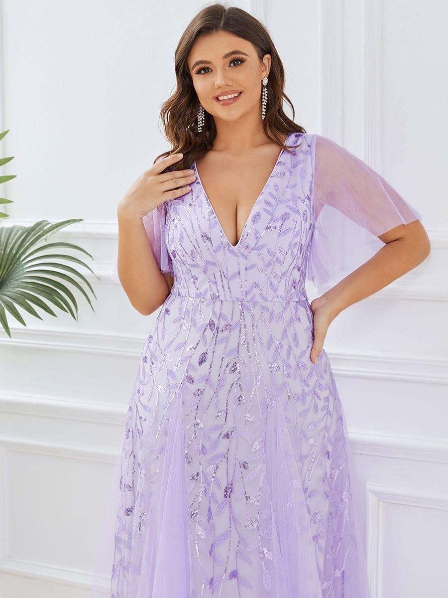 Plus Size romantic shimmery v neck ruffle sleeves evening gown #color_Lavender
