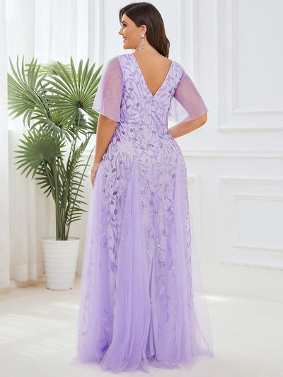 Plus Size romantic shimmery v neck ruffle sleeves evening gown #color_Lavender