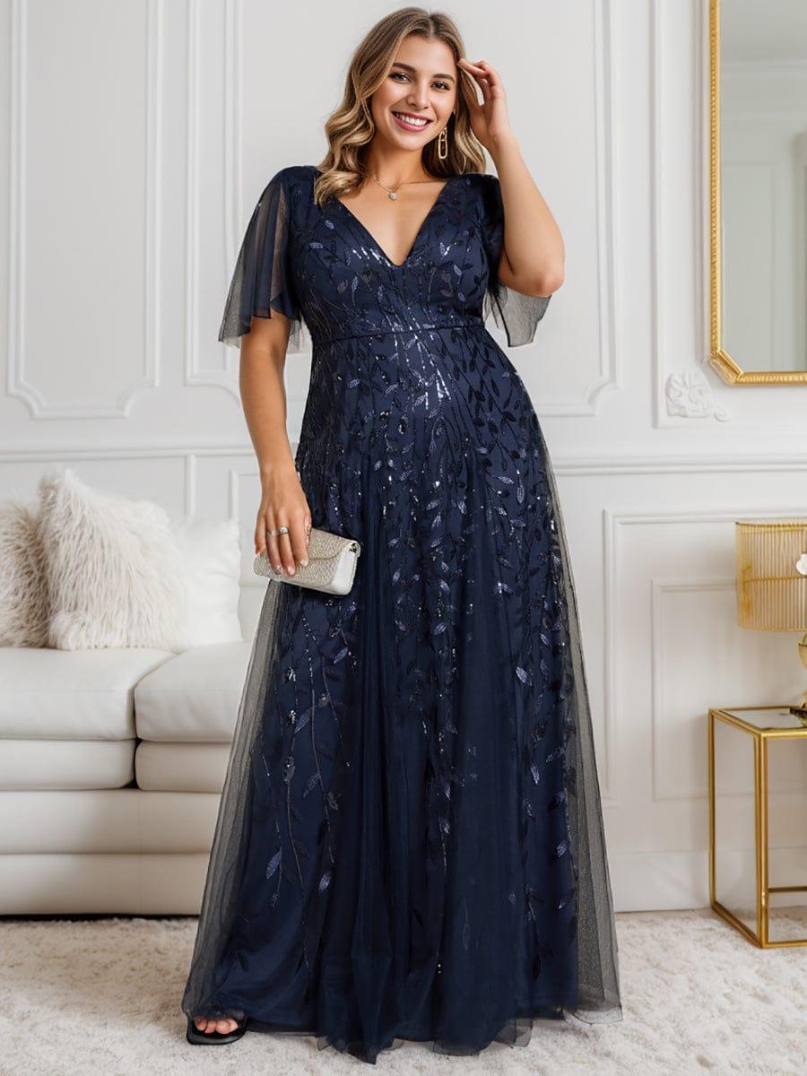 Plus Size romantic shimmery v neck ruffle sleeves evening gown #color_Navy Blue