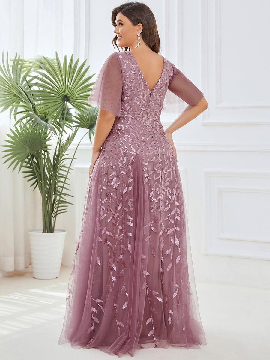 Plus Size romantic shimmery v neck ruffle sleeves evening gown #color_Purple Orchid