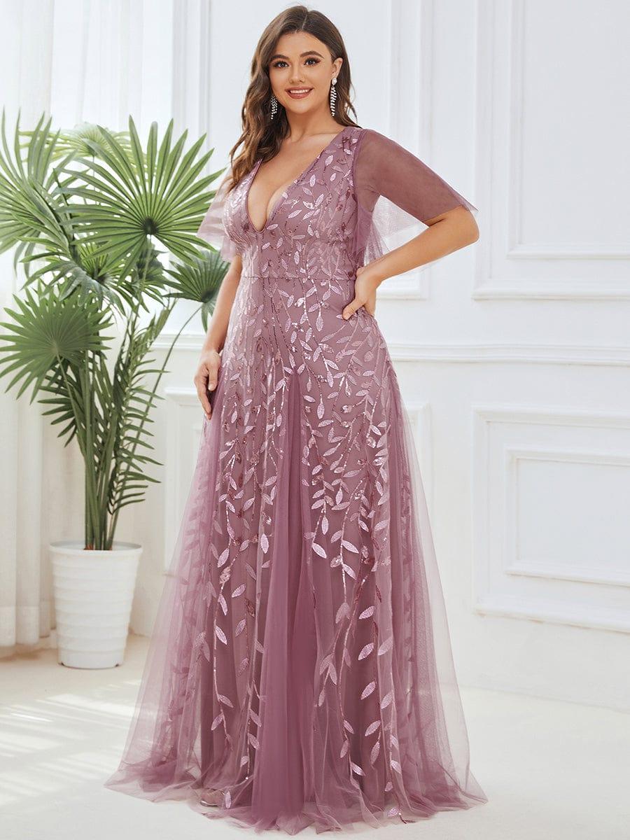 Plus Size romantic shimmery v neck ruffle sleeves evening gown #color_Purple Orchid