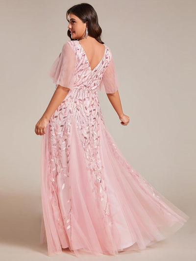Plus Size romantic shimmery v neck ruffle sleeves evening gown #color_Pink