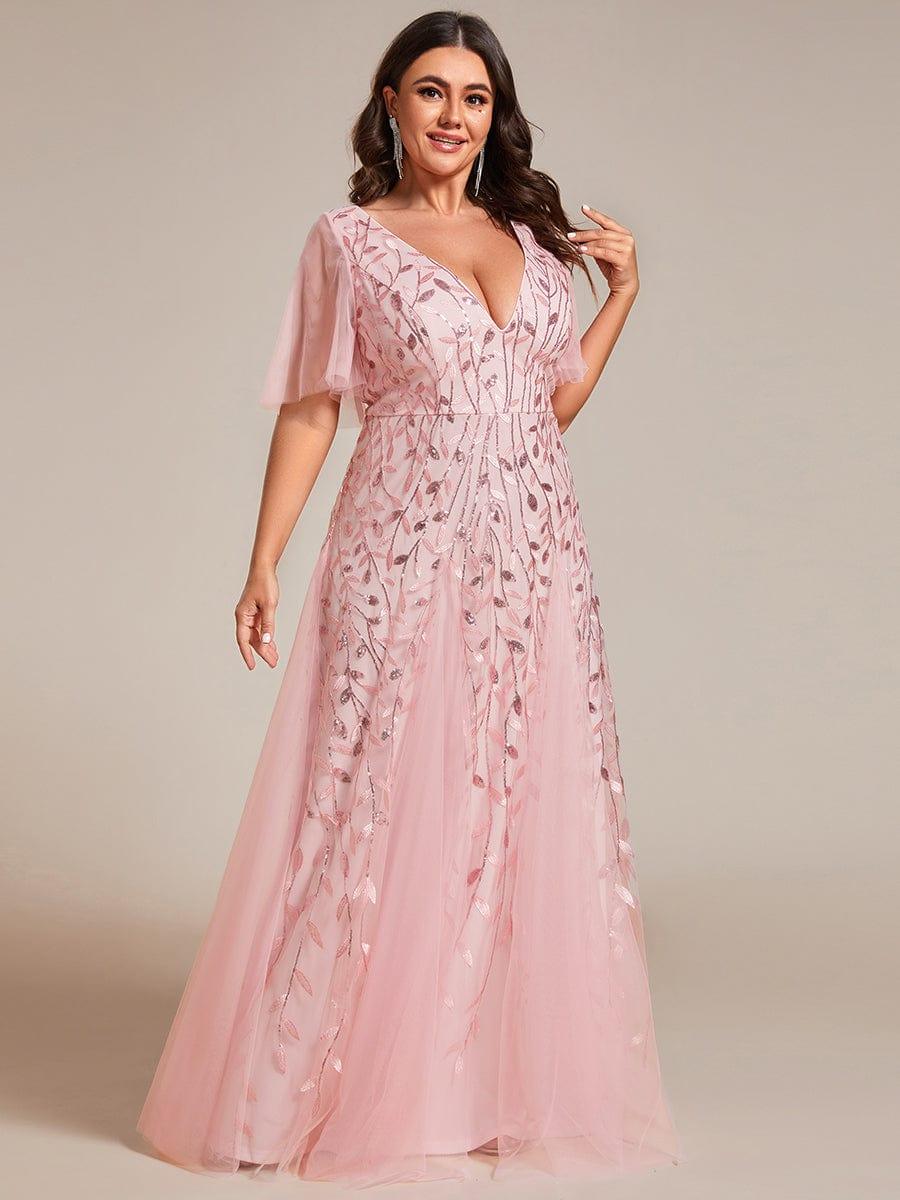 Plus Size romantic shimmery v neck ruffle sleeves evening gown #color_Pink