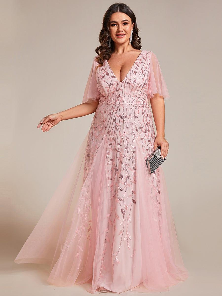 Plus Size romantic shimmery v neck ruffle sleeves evening gown #color_Pink