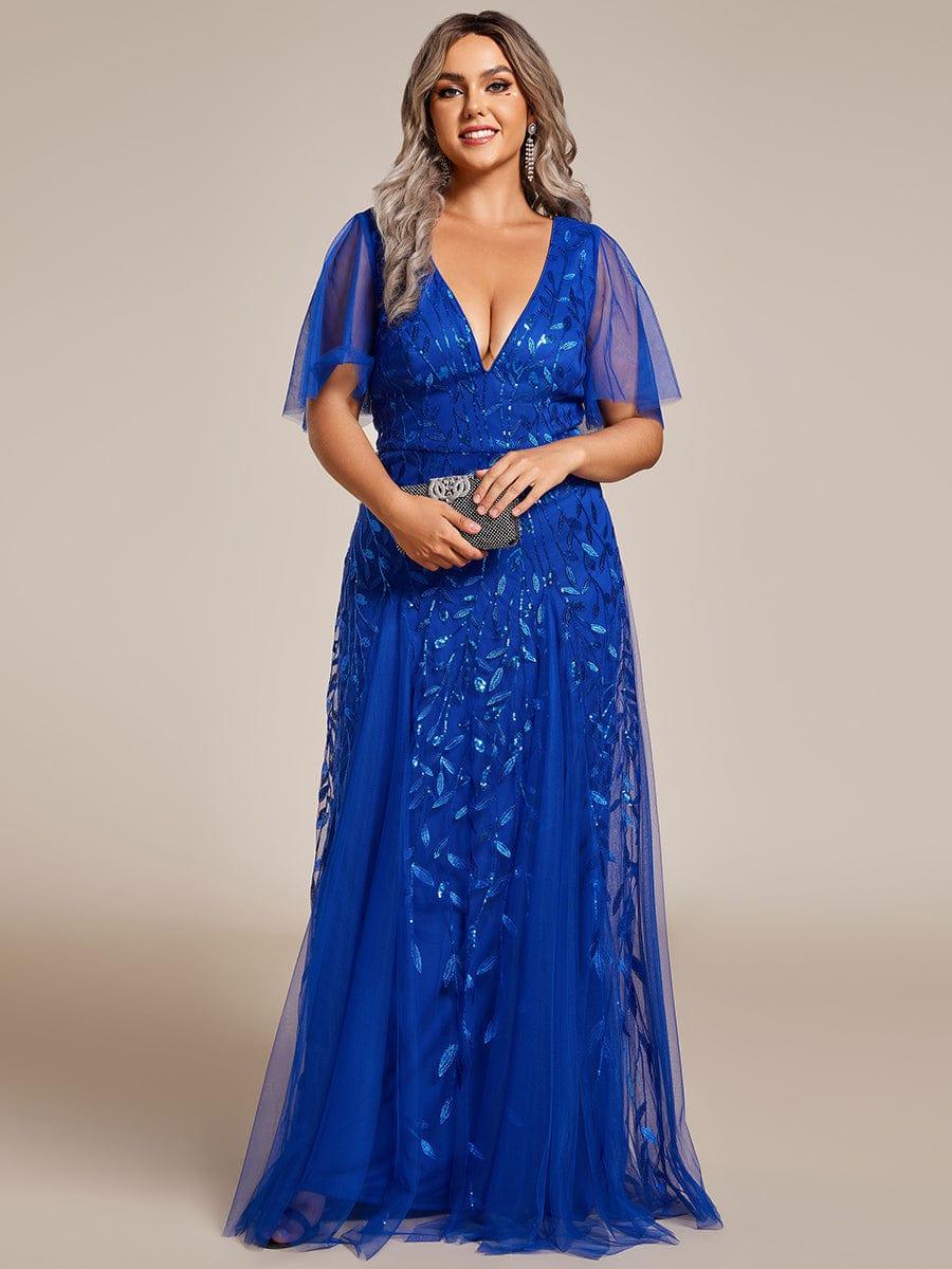 Plus Size romantic shimmery v neck ruffle sleeves evening gown #color_Sapphire Blue