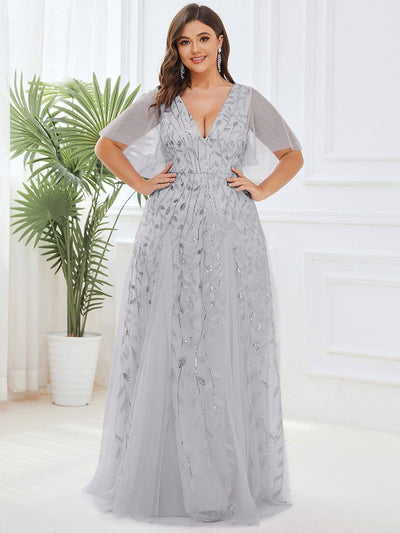 Plus Size romantic shimmery v neck ruffle sleeves evening gown #color_Silver
