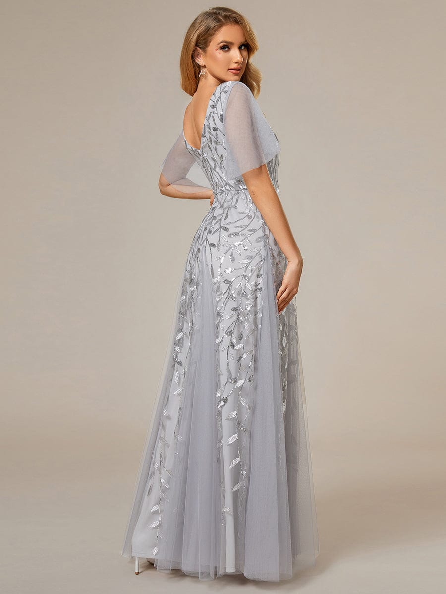 Stunning V Neck Long Wedding Guest Dress with Ruffle Sleeves #color_Silver