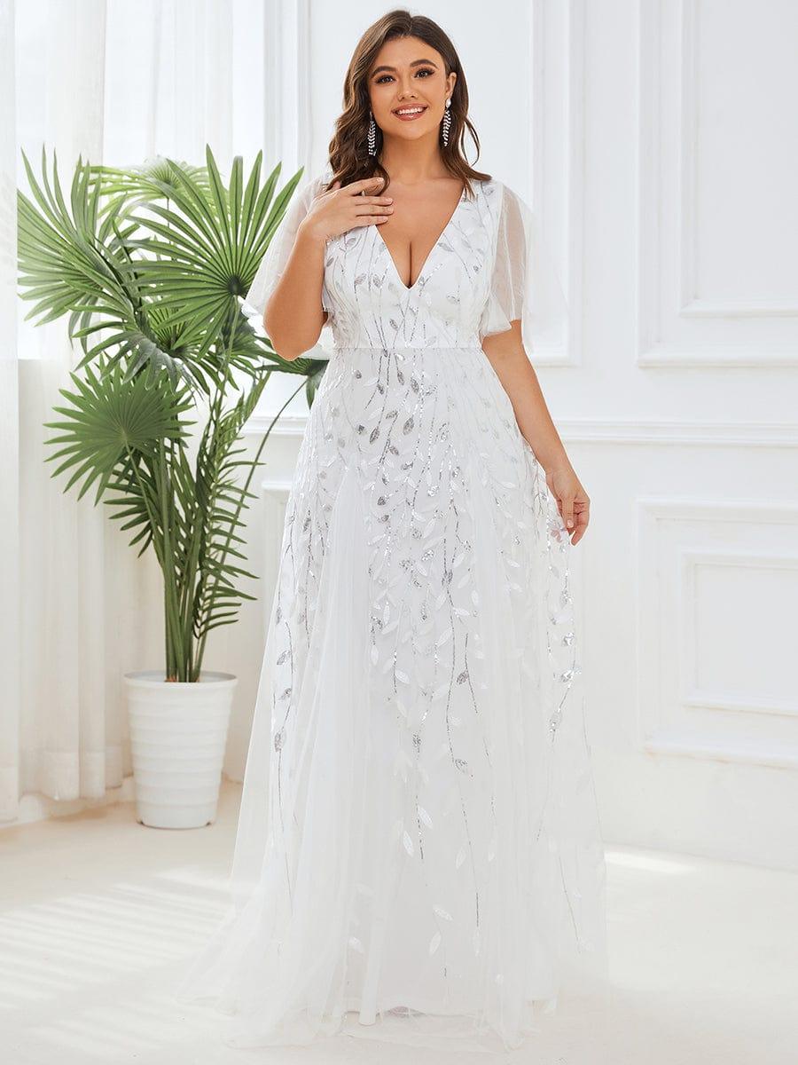 Plus Size romantic shimmery v neck ruffle sleeves evening gown #color_White