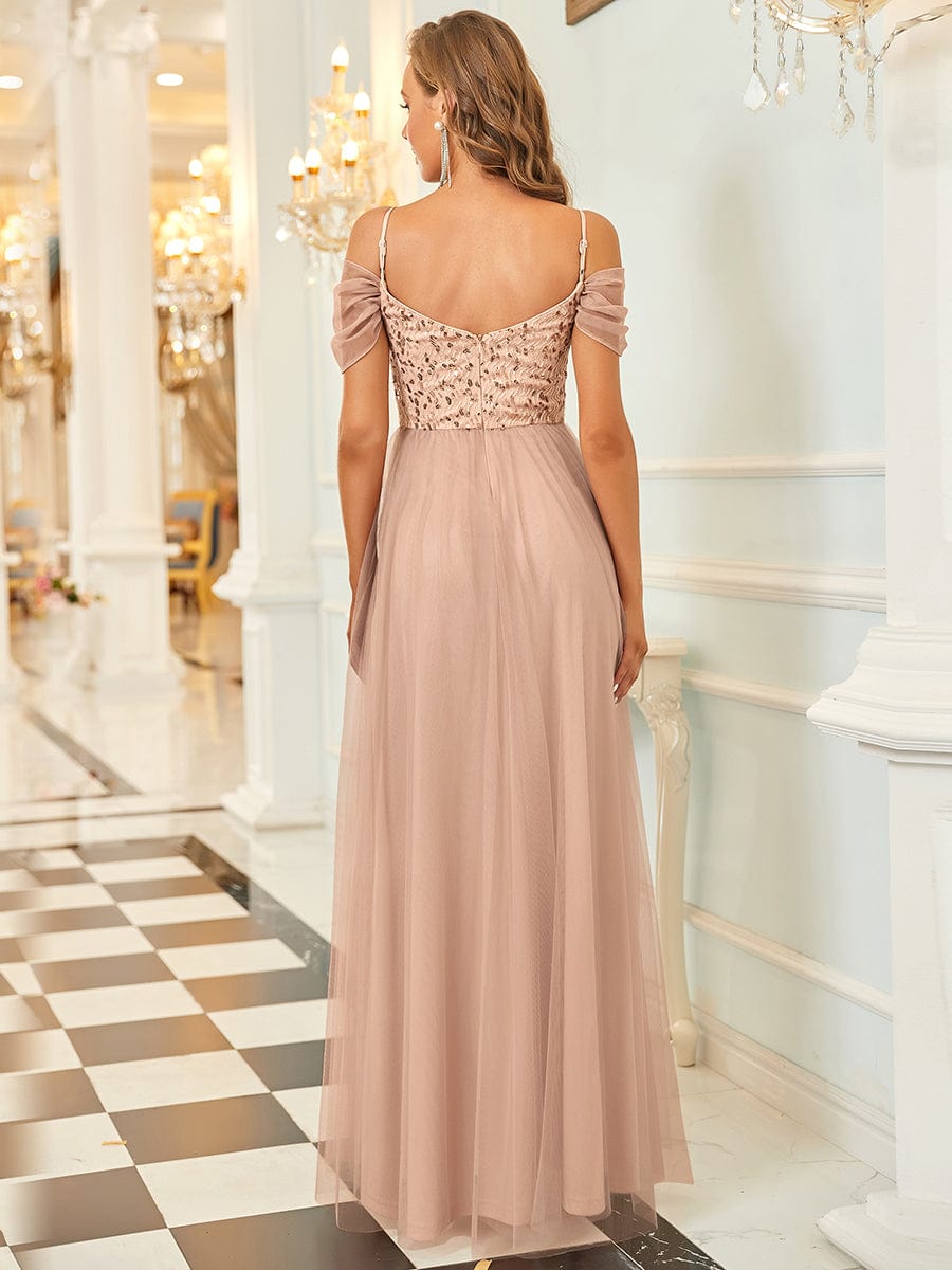 A-Line Sweetheart Neckline Ruffle Sleeve Tulle Bridesmaid Dress With Sequin #color_Rose Gold