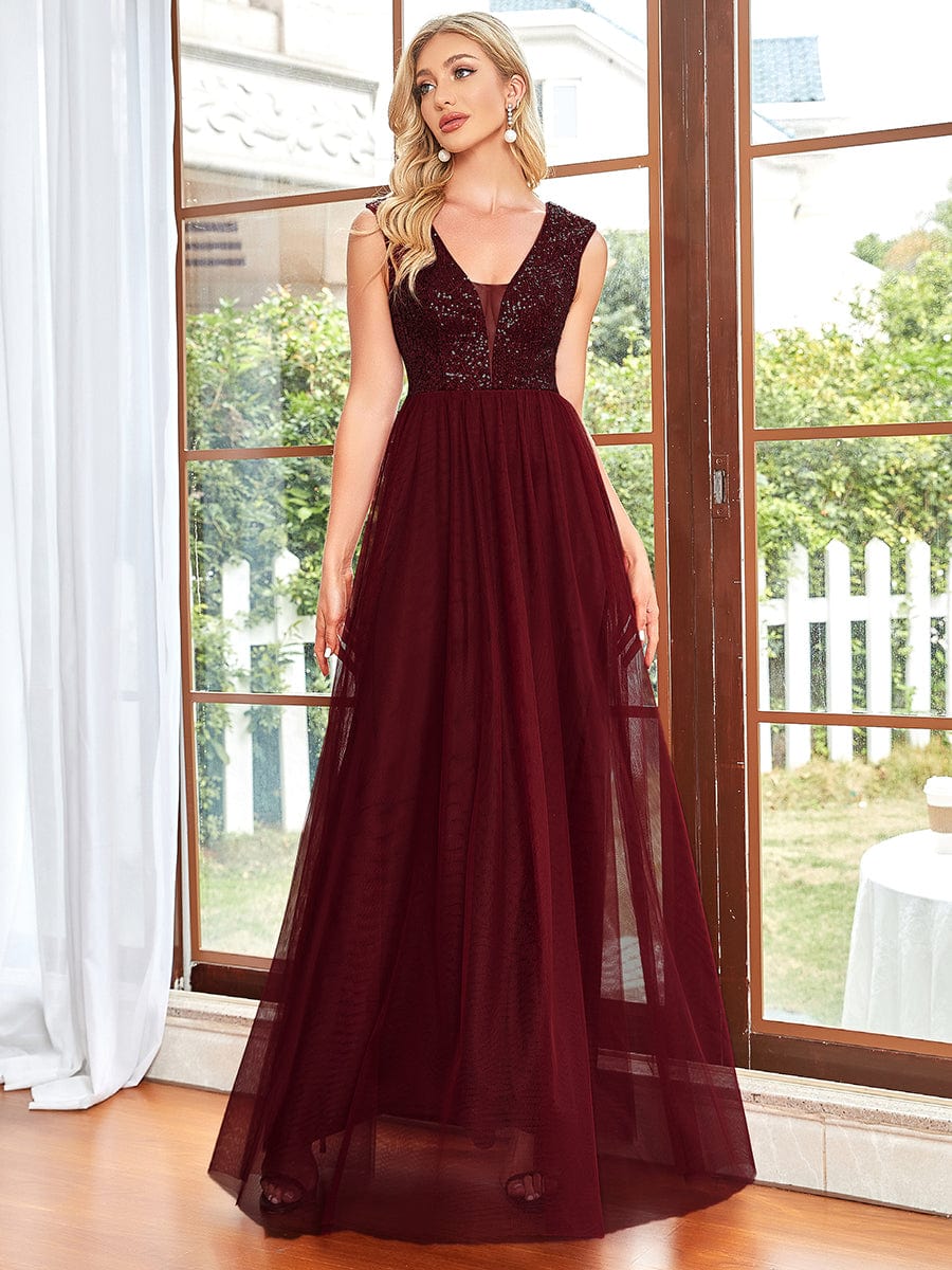 Sleeveless Sequin V-Neck Pleated Long Evening Dress #color_Burgundy
