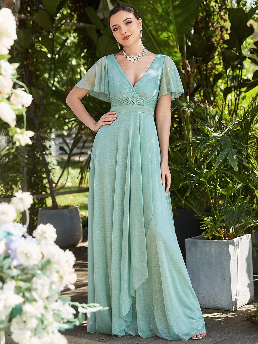 A-Line Sparkling V-Neckline Ruched Ruffle Flutter Outter Evening Dress #color_Mint Green A-Line Sparkling V-Neckline Ruched Ruffle Flutter Outter Evening Dress
