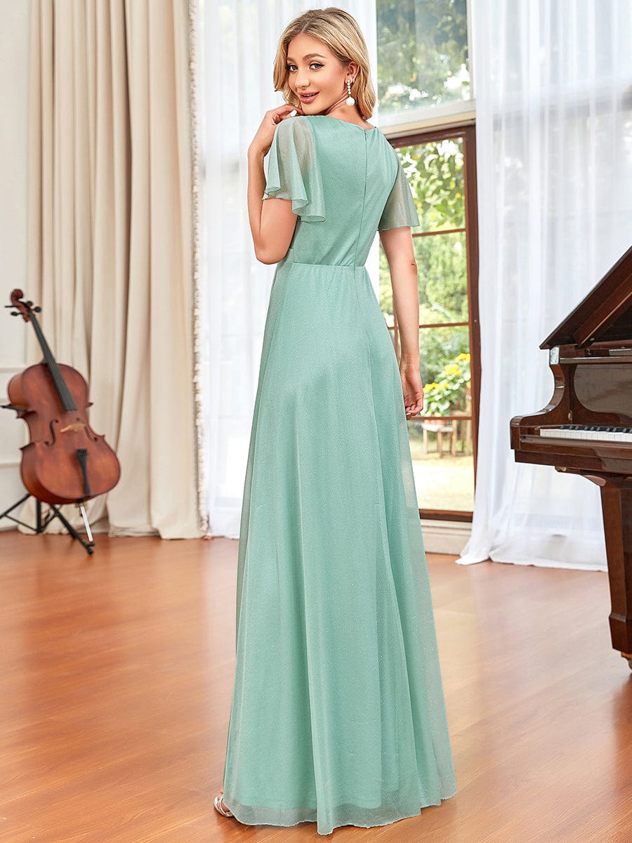 A-Line Sparkling V-Neckline Ruched Ruffle Flutter Outter Evening Dress #color_Mint Green A-Line Sparkling V-Neckline Ruched Ruffle Flutter Outter Evening Dress