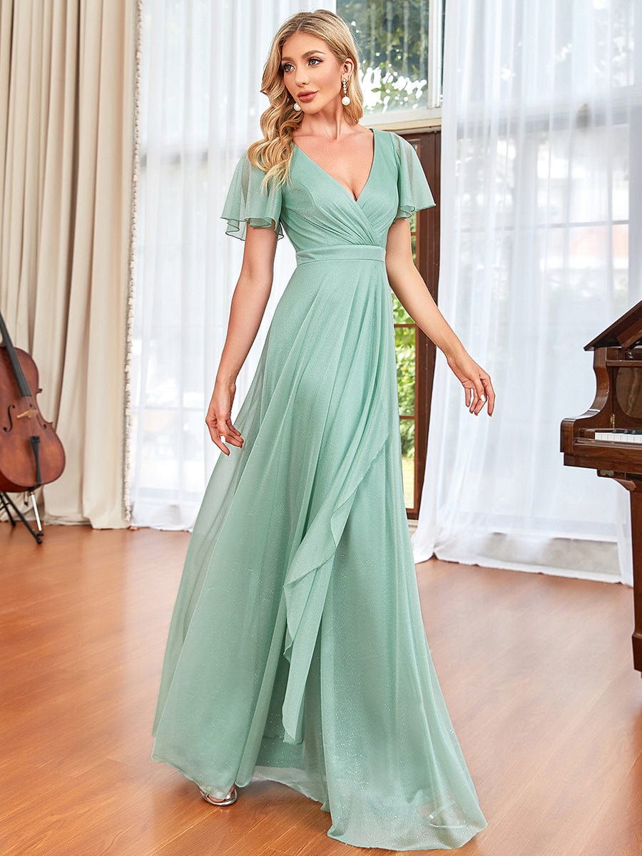 A-Line Sparkling V-Neckline Ruched Ruffle Flutter Outter Evening Dress #color_Mint Green A-Line Sparkling V-Neckline Ruched Ruffle Flutter Outter Evening Dress
