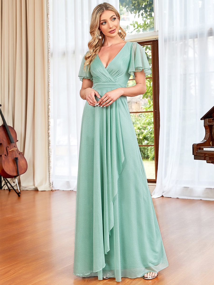A-Line Sparkling V-Neckline Ruched Ruffle Flutter Outter Evening Dress #color_Mint Green A-Line Sparkling V-Neckline Ruched Ruffle Flutter Outter Evening Dress
