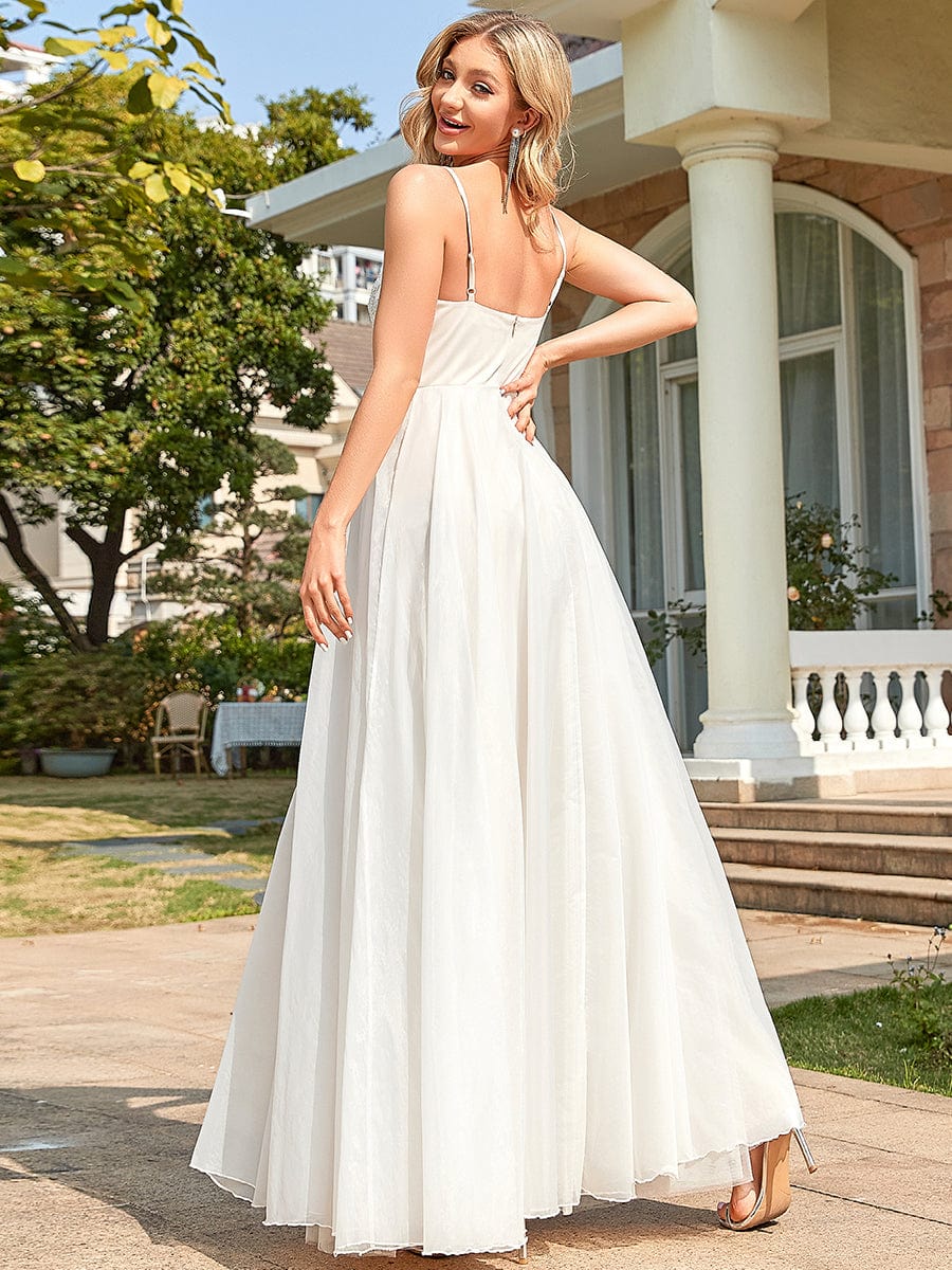 Spaghetti Strap Deep V Sequin A-line Evening Dress #color_Ivory Yellow Spaghetti Strap Deep V Sequin A-line Evening Dress