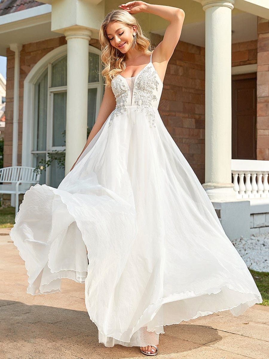 Spaghetti Strap Deep V Sequin A-line Evening Dress #color_Ivory Yellow Spaghetti Strap Deep V Sequin A-line Evening Dress
