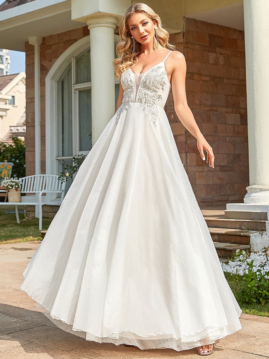 Spaghetti Strap Deep V Sequin A-line Evening Dress #color_Ivory Yellow Spaghetti Strap Deep V Sequin A-line Evening Dress