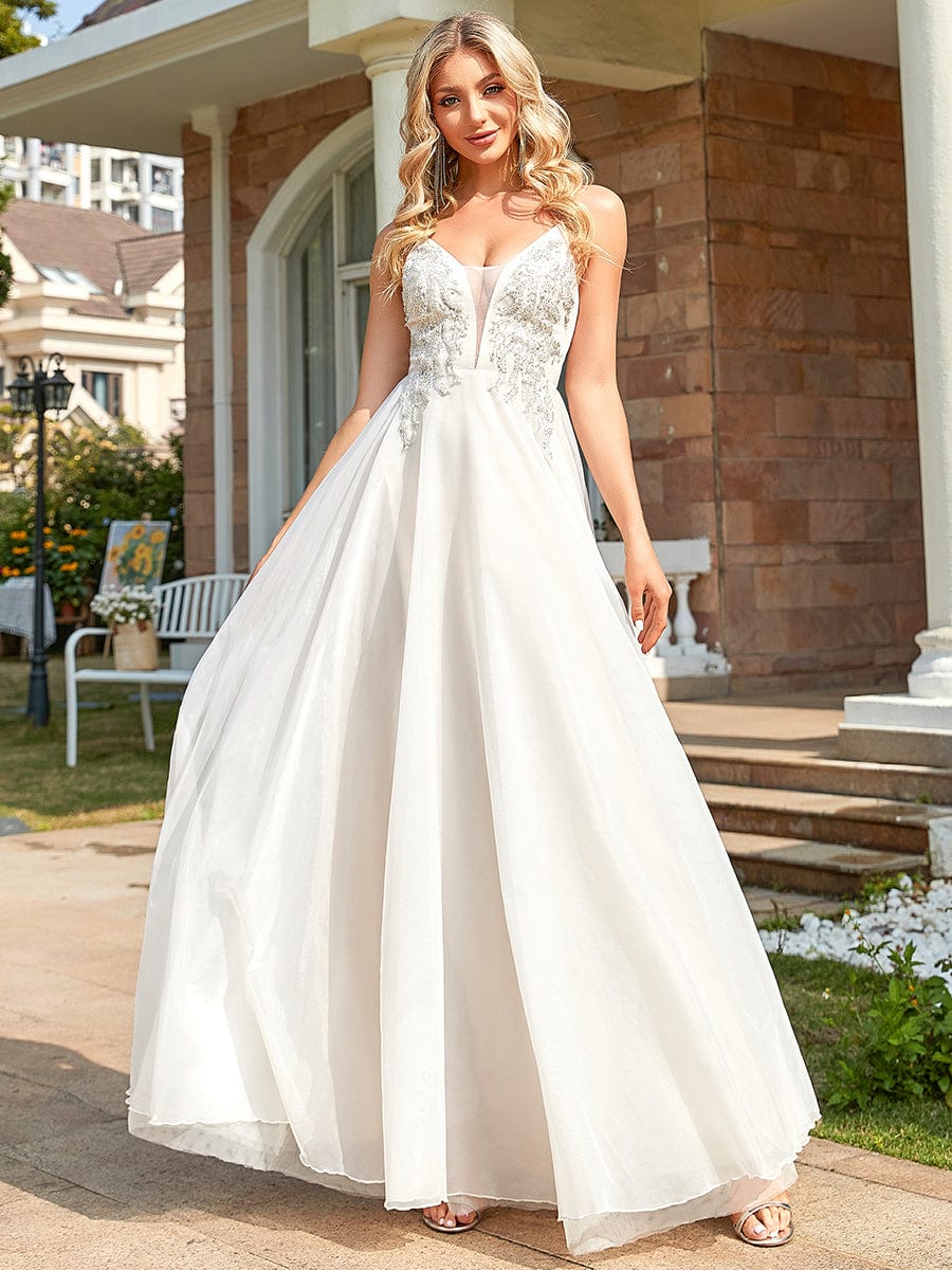 Spaghetti Strap Deep V Sequin A-line Evening Dress #color_Ivory Yellow Spaghetti Strap Deep V Sequin A-line Evening Dress