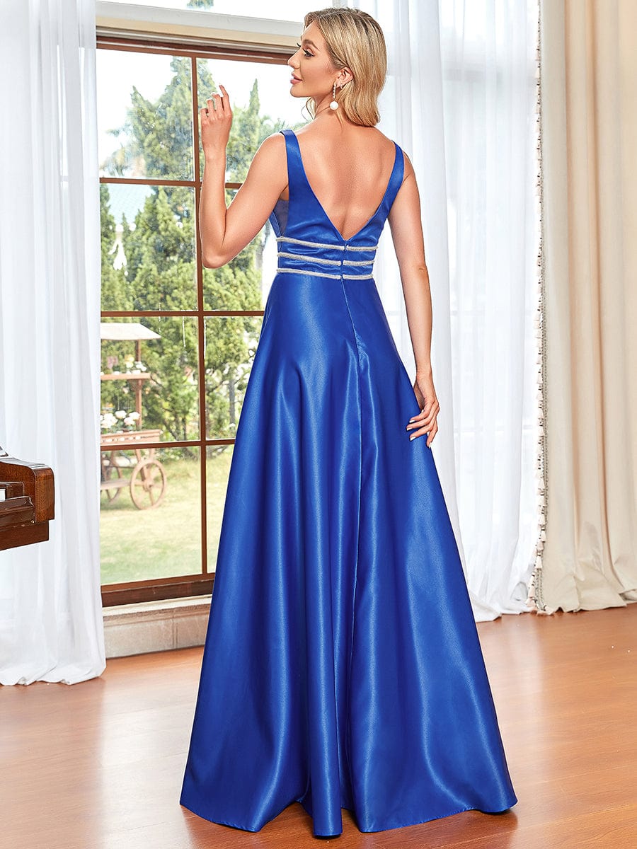 Illusion Mesh Panel Sequin Satin A-Line Evening Dress #color_Sapphire Illusion Mesh Panel Sequin Satin A-Line Evening Dress