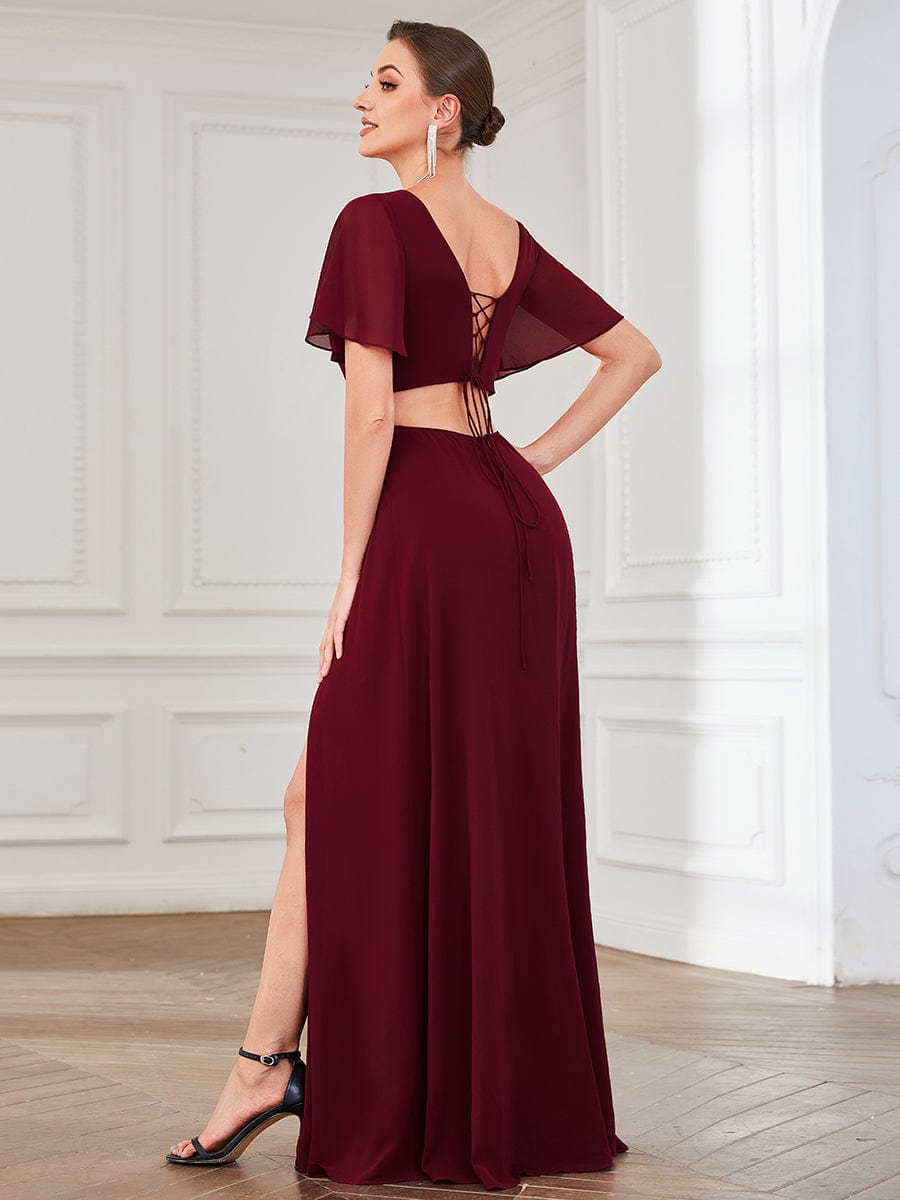 High Slit Flutter Sleeve Lace Up Chiffon Evening Dress #Color_Burgundy High Slit Flutter Sleeve Lace Up Chiffon Evening Dress