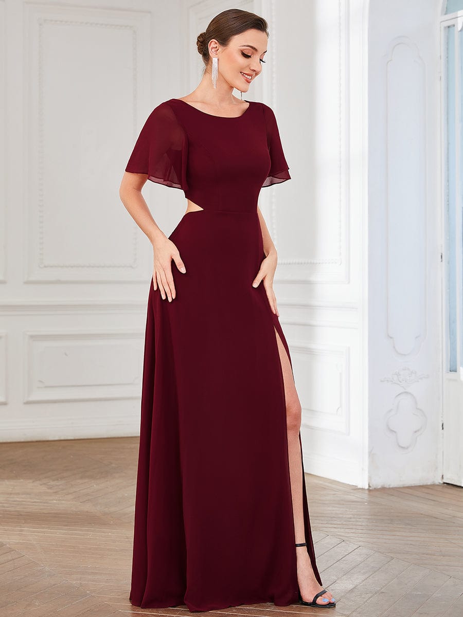 High Slit Flutter Sleeve Lace Up Chiffon Evening Dress #Color_Burgundy High Slit Flutter Sleeve Lace Up Chiffon Evening Dress