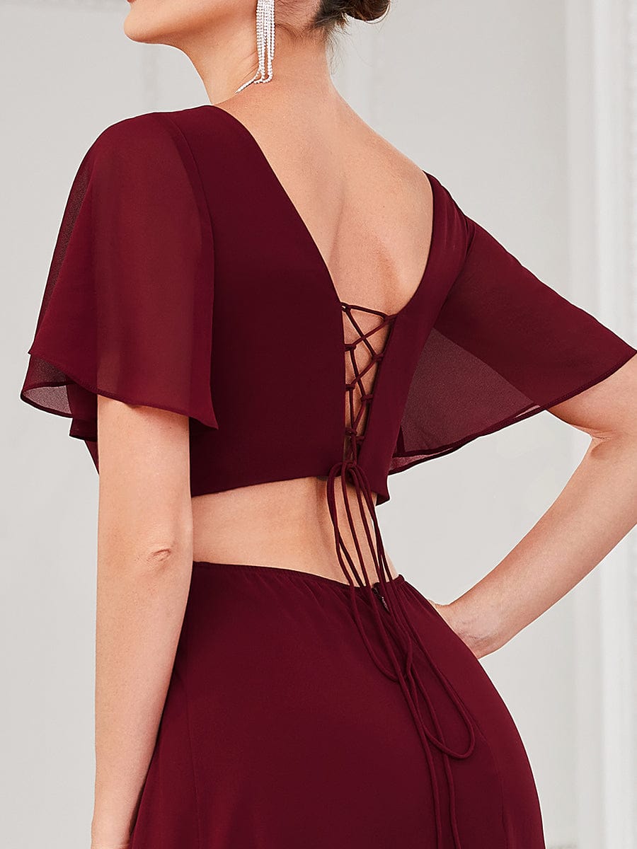 High Slit Flutter Sleeve Lace Up Chiffon Evening Dress #Color_Burgundy High Slit Flutter Sleeve Lace Up Chiffon Evening Dress