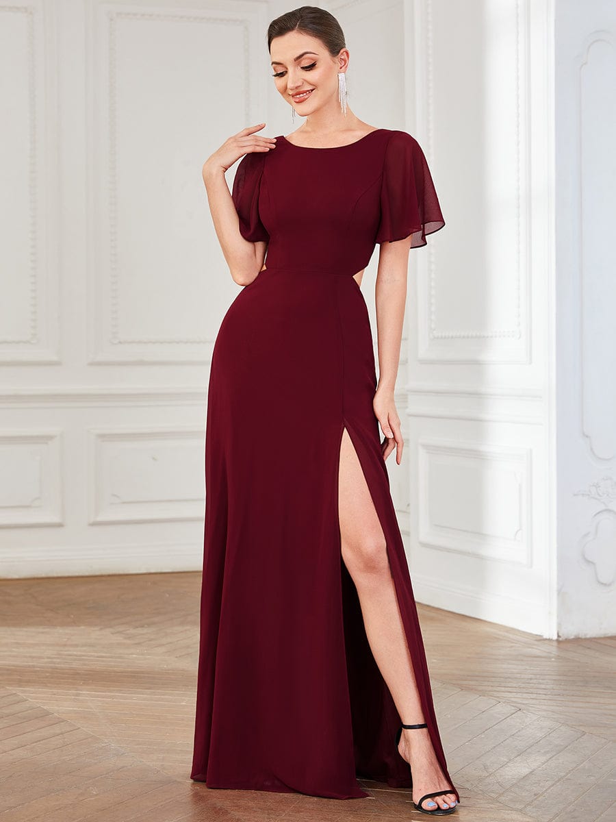 High Slit Flutter Sleeve Lace Up Chiffon Evening Dress #Color_Burgundy High Slit Flutter Sleeve Lace Up Chiffon Evening Dress