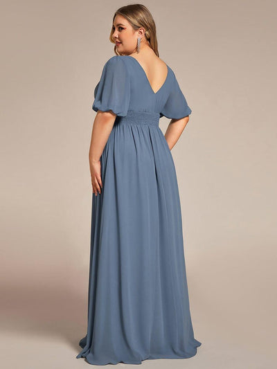 Short Sleeve V-Neck Front Slit Chiffon Evening Dress #color_Dusty Blue