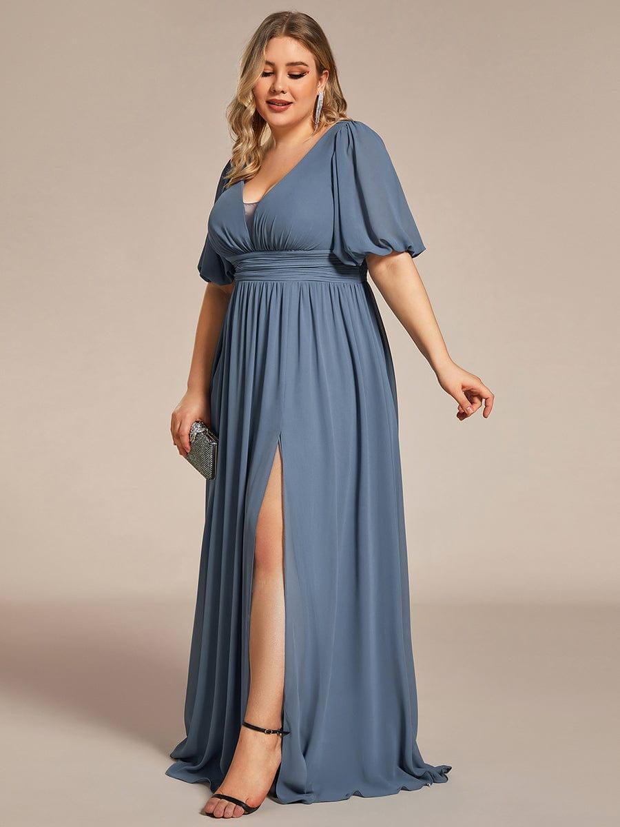 Short Sleeve V-Neck Front Slit Chiffon Evening Dress #color_Dusty Blue