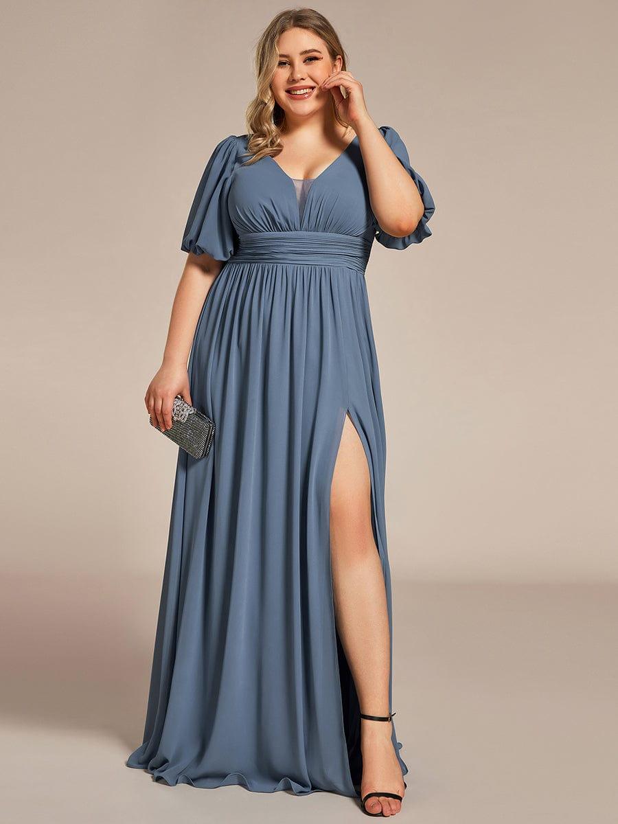 Short Sleeve V-Neck Front Slit Chiffon Evening Dress #color_Dusty Blue