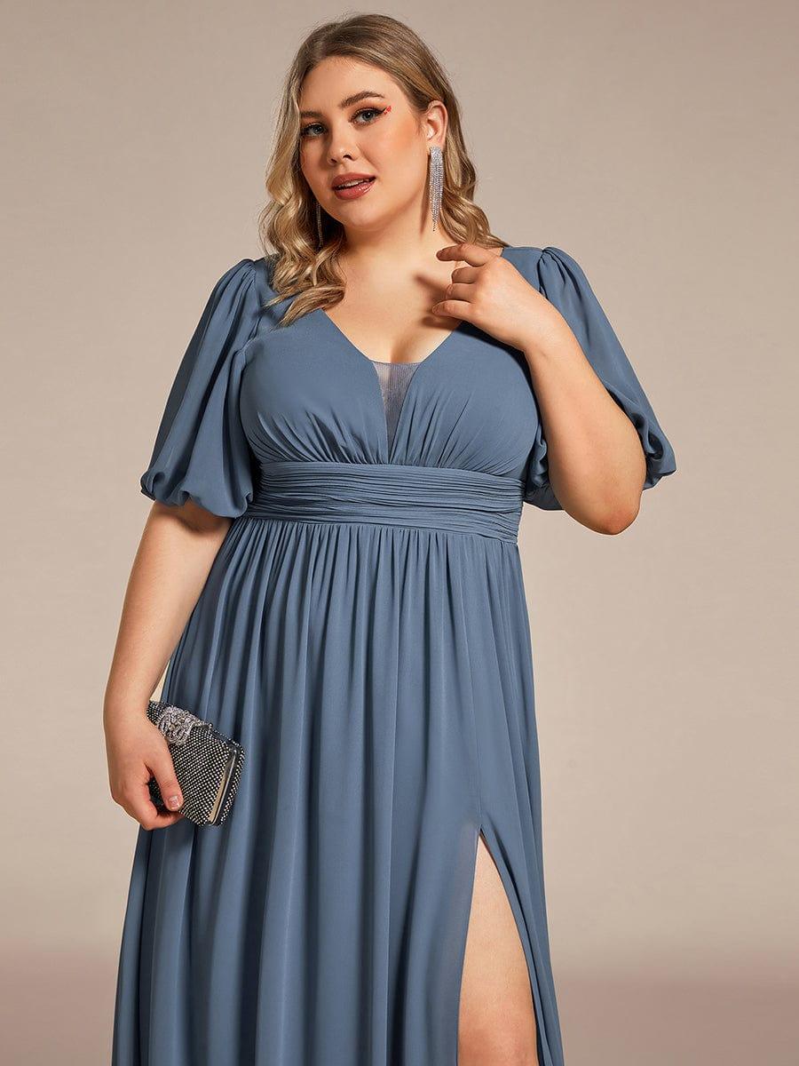 Short Sleeve V-Neck Front Slit Chiffon Evening Dress #color_Dusty Blue