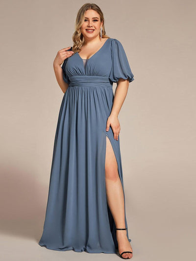 Short Sleeve V-Neck Front Slit Chiffon Evening Dress #color_Dusty Blue