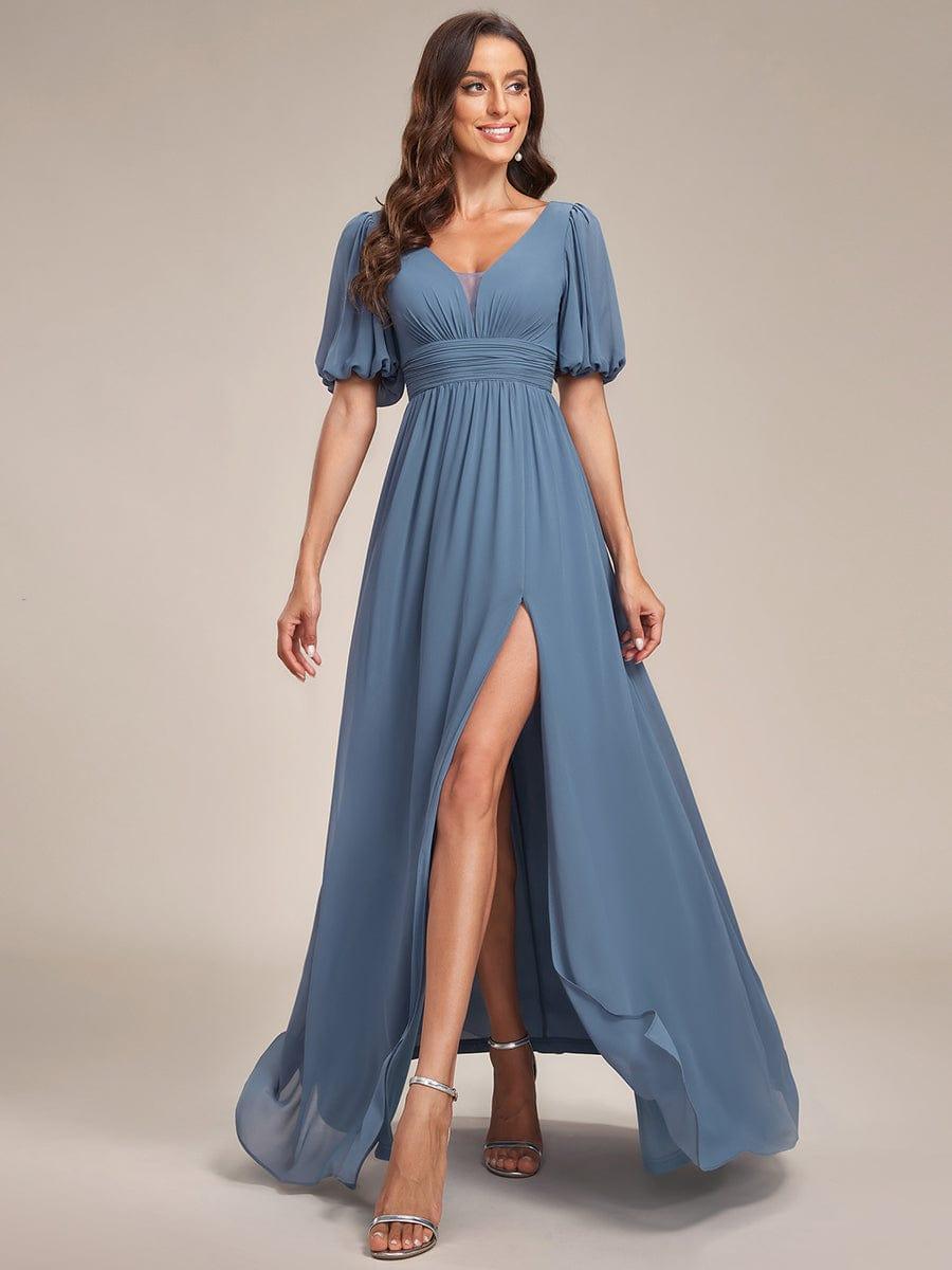 Short Sleeve V-Neck Front Slit Chiffon Evening Dress #color_Dusty Blue