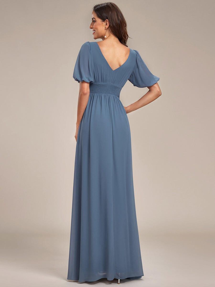 Short Sleeve V-Neck Front Slit Chiffon Evening Dress #color_Dusty Blue
